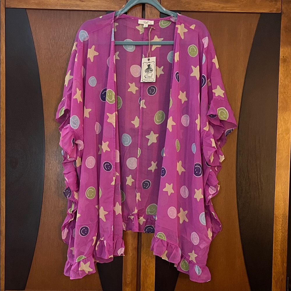 NWT🌞 Easel Fuchsia Star & Smiley Face Kimono w/Ruffles & Side Seams